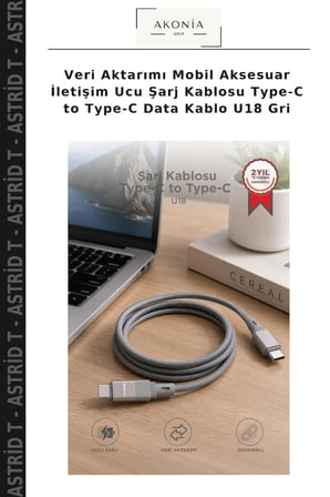 Veri Aktarımı Mobil Aksesuar İletişim Ucu Şarj Kablosu Type-C to Type-C Data Kablo U18 Gri