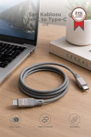Veri Aktarımı Mobil Aksesuar İletişim Ucu Şarj Kablosu Type-C to Type-C Data Kablo U18 Gri