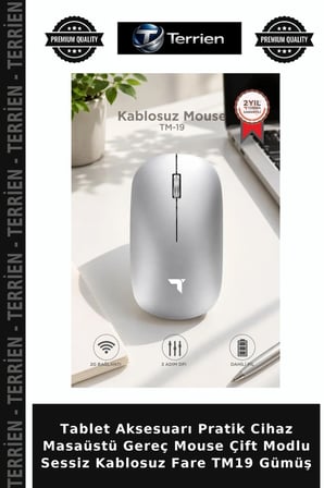 Tablet Aksesuarı Pratik Cihaz Masaüstü Gereç Mouse Çift Modlu Sessiz Kablosuz Fare TM19 Gümüş