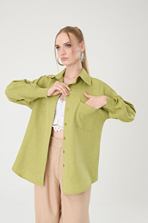 Tek Cepli Oversize Keten Gömlek- Yağ Yeşil