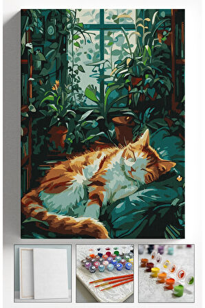 Sayılarla Boyama Tuval Seti Fırça Boya Dahil (Çıtalı) 40x50 CM - UYUYAN KEDİ