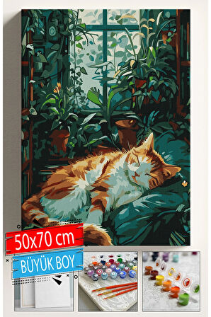 Sayılarla Boyama Seti Numaralı Tuval Fırça Boya Dahil Kasnaklı Set 50x70 Cm - UYUYAN KEDİ