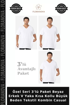 Özel Seri 3'lü Paket Beyaz Erkek V Yaka Kısa Kollu Büyük Beden Tekstil Kombin Casual