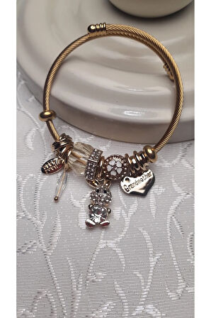 Gözdehome Çelik Bileklik Sarı Gold Model Kalpli Tavşan Charmlı Çelik Bileklik