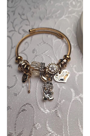 Gözdehome Çelik Bileklik Sarı Gold Model Kalpli Tavşan Charmlı Çelik Bileklik