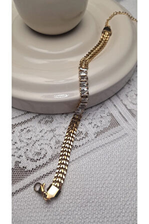 Çelik Bileklik Gold Altın Renk Çok Taşlı Kalın Zincir Detaylı Çelik Bileklik