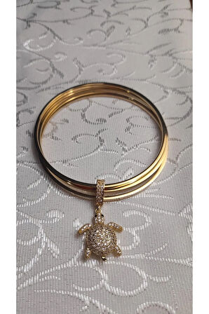Taşlı Caretta Charmlı 3lü Gold Çelik Ajda Bilezik