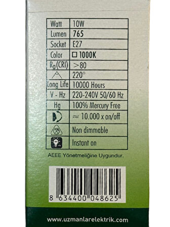 Uzlight 10W(75W) 1000K (Kırmızı Işık) E27 Duylu Led Ampul