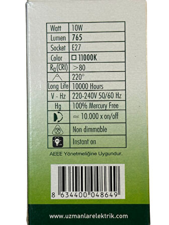Uzlight 10W(75W) 11000K (Mavi Işık) E27 Duylu Led Ampul (10 Adet)