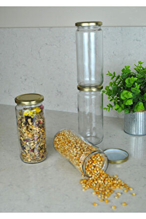 4 Adet Metal Gold Altın Kapaklı Konserve 500 Cc Şeffaf Uzun Cam Kavanoz 500 Ml