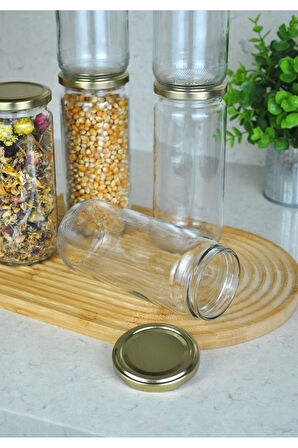 4 Adet Metal Gold Altın Kapaklı Konserve 500 Cc Şeffaf Uzun Cam Kavanoz 500 Ml