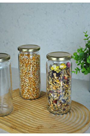 4 Adet Metal Gold Altın Kapaklı Konserve 500 Cc Şeffaf Uzun Cam Kavanoz 500 Ml