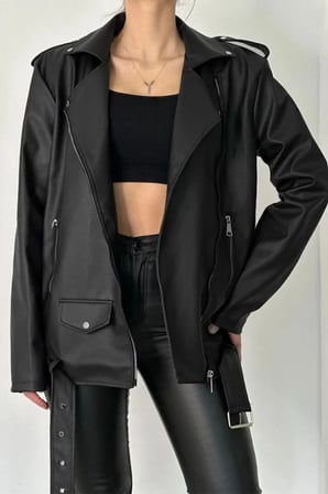 Prifaldi Trend PRD Oversize Uzun Kadın SİYAH Deri Ceket 