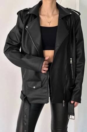 Prifaldi Trend PRD Oversize Uzun Kadın SİYAH Deri Ceket 