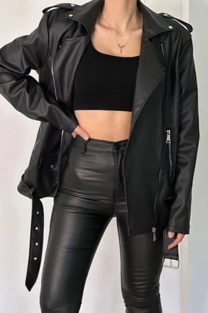 Prifaldi Trend PRD Oversize Uzun Kadın SİYAH Deri Ceket 