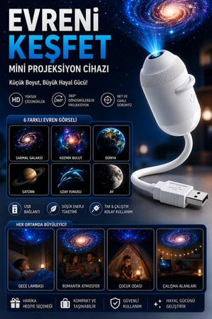 Uzay Gece Lambası Mini Projektör 6 Film Disk 360° Dönen Ay Aurora Kuzey Işıkları Tak Çalıştır Nebula