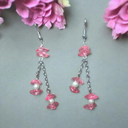 Doğal İnci Üçgen Boncuklu Zincir Sallantılı Tasarım Aesthetic Soft Vibes Vintage Hediyelik Pembe Renk Küpe