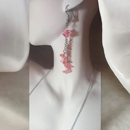 Doğal İnci Üçgen Boncuklu Zincir Sallantılı Tasarım Aesthetic Soft Vibes Vintage Hediyelik Pembe Renk Küpe
