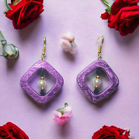 Doğal İnci Boncuk Kristal Boncuklu Aesthetic Soft Vibes Vintage Halka Tasarım Hediyelik Mor Renk Üçgen Küpe