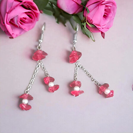 Doğal İnci Üçgen Boncuklu Zincir Sallantılı Tasarım Aesthetic Soft Vibes Vintage Hediyelik Koyu Pembe Renk Küpe