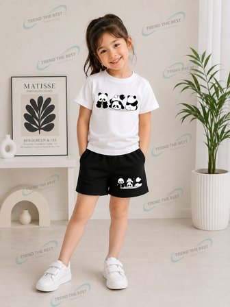 Yazlık Üçlü Panda Baskılı Kız Erkek Çocuk Siyah Şort, Beyaz T-Shirt Takım