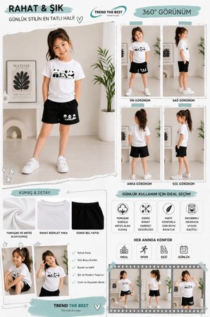 Yazlık Üçlü Panda Baskılı Kız Erkek Çocuk Siyah Şort, Beyaz T-Shirt Takım