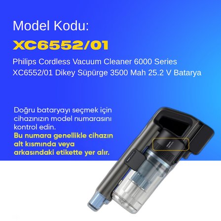 Philips Cordless Vacuum Cleaner 6000 Series XC6552/01 Dikey Süpürge 3500 Mah 25.2 V Batarya – Orjinal Uyumlu Uzun Ömürlü, Maksimum Performans Pil