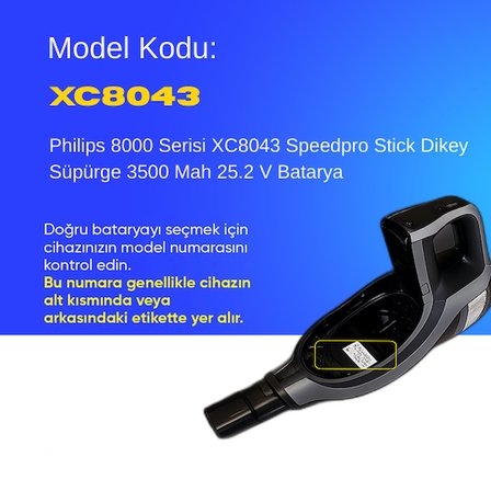 Philips 8000 Serisi XC8043 Speedpro Stick Dikey Süpürge 3500 Mah 25.2 V Batarya – Orjinal Uyumlu Uzun Ömürlü, Maksimum Performans Pil