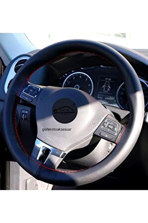 Universal Dikmeli Direksiyon Kılıfı Soft Siyah Deri-kırmızı Ipli (38cm-11cm)