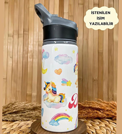 Kişiye Özel İsimli Kız Çocuk Unicorn Pipetli Suluk Matara 650 ml