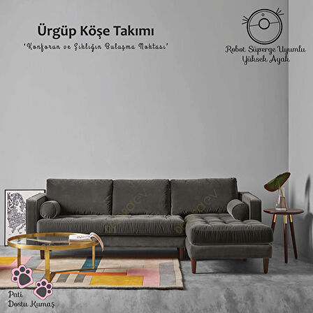 Ürgüp Antrasit Modern Rahat Köşe Takımı Yumuşak Sünger Yüksek Ayak Pati Dostu Baby Face Kumaş Pofuduk Sol Köşe