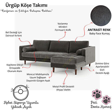 Ürgüp Antrasit Modern Rahat Köşe Takımı Yumuşak Sünger Yüksek Ayak Pati Dostu Baby Face Kumaş Pofuduk Sol Köşe