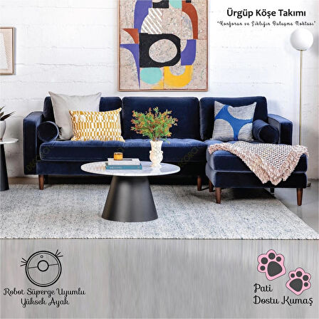 Ürgüp Lacivert Modern Rahat Köşe Takımı Yumuşak Sünger Yüksek Ayak Pati Dostu Baby Face Kumaş Pofuduk Sol Köşe