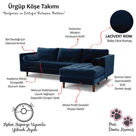 Ürgüp Lacivert Modern Rahat Köşe Takımı Yumuşak Sünger Yüksek Ayak Pati Dostu Baby Face Kumaş Pofuduk Sol Köşe