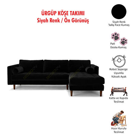Ürgüp Siyah Modern Rahat Köşe Takımı Yumuşak Sünger Yüksek Ayak Pati Dostu Baby Face Kumaş Pofuduk Sol Köşe