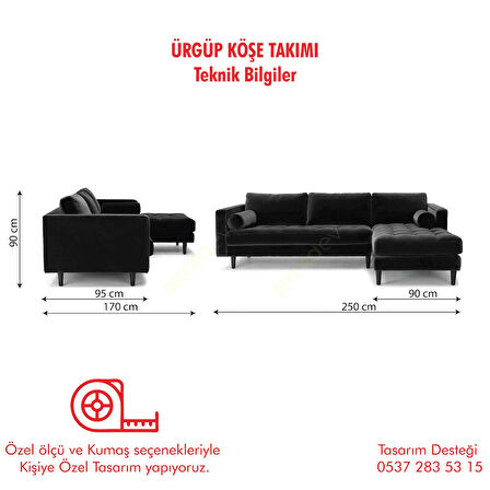 Ürgüp Siyah Modern Rahat Köşe Takımı Yumuşak Sünger Yüksek Ayak Pati Dostu Baby Face Kumaş Pofuduk Sol Köşe