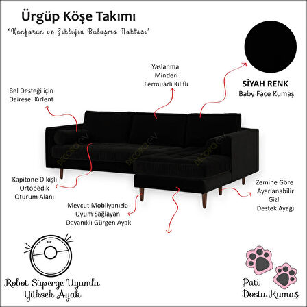 Ürgüp Siyah Modern Rahat Köşe Takımı Yumuşak Sünger Yüksek Ayak Pati Dostu Baby Face Kumaş Pofuduk Sol Köşe