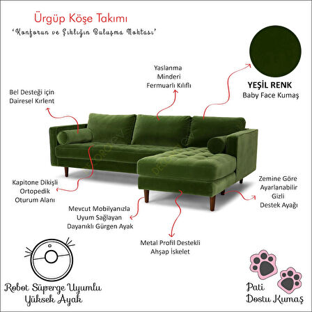 Ürgüp Yeşil Modern Rahat Köşe Takımı Yumuşak Sünger Yüksek Ayak Pati Dostu Baby Face Kumaş Pofuduk Sol Köşe