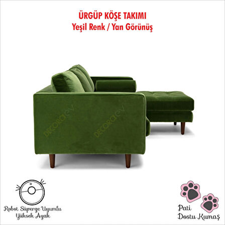 Ürgüp Yeşil Modern Rahat Köşe Takımı Yumuşak Sünger Yüksek Ayak Pati Dostu Baby Face Kumaş Pofuduk Sol Köşe