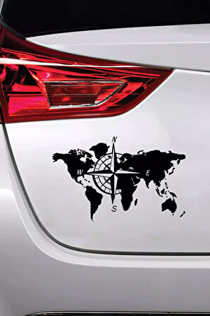 Pusulalı Dünya Haritası Sticker Oto Motor Laptop Duvar Folyo Sticker 80 X 48 Cm