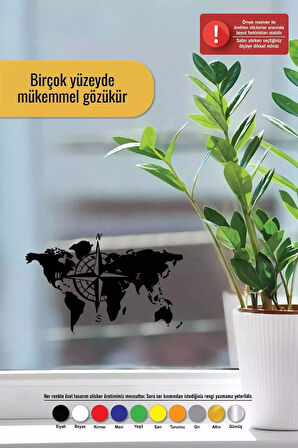 Pusulalı Dünya Haritası Sticker Oto Motor Laptop Duvar Folyo Sticker 80 X 48 Cm