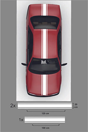 Oto Kaput-Tavan-Bagaj Çift Şerit Sticker 3 Parça 120x20 Cm/2Adet-100x20 Cm/1 Adet