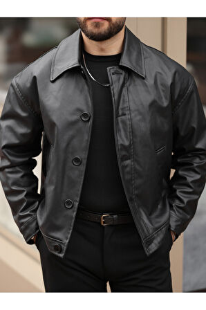 Yeni Sezon Rahat Kalıp Düğmeli Deri Ceket