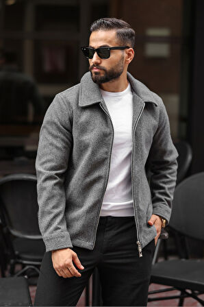 Erkek Çift Fermuar Detaylı Kaşe Ceket