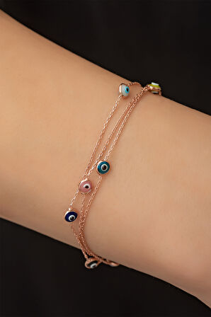 Üç Sıra Renkli Göz Taşlı Tifany Bileklik Rose Altın Kaplama 925 Ayar Gümüş - Uvps200026
