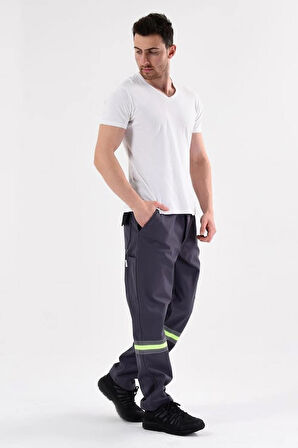 Mualta Softshell Su Kaydırıcı Rüzgar Geçirmez Pantolon Gri 5 Cepli Fosforlu Likralı 