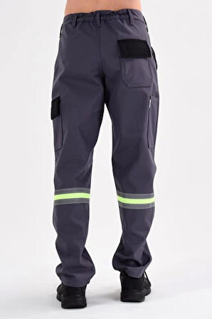 Mualta Softshell Su Kaydırıcı Rüzgar Geçirmez Pantolon Gri 5 Cepli Fosforlu Likralı 