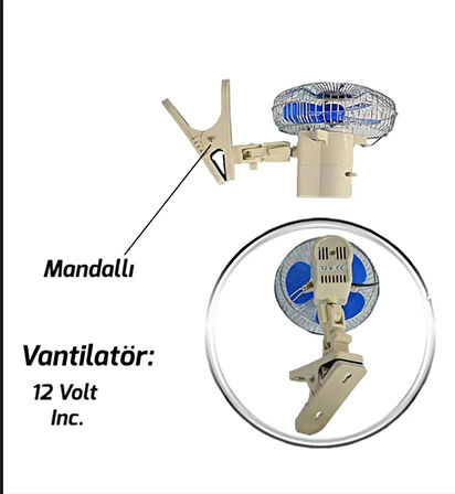 Vantilatör 10'' Mandallı 12 Volt Çakmaklık Girişli Modlu Hızlı Yavaş Devreli Döner Başlıklı