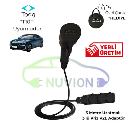 V2L- TOGG T10F Marka İle Uyumlu 3'Lü Priz Uzatma V2L Elektrikli Araç Şarj Kablosu - Enerjini Elektrikli Aracından Al
