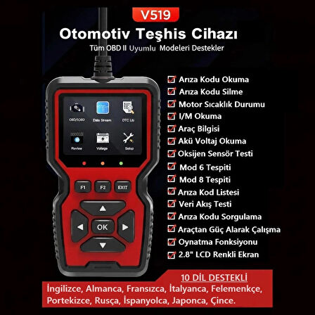 NewOrg V519 OBDII Araç Arıza Kodu Silme Okuma 1996 sonrası tüm OBD II Arabalarla uyumlu Motor Arıza Kodu Silme 2026 Yeni Versiyon